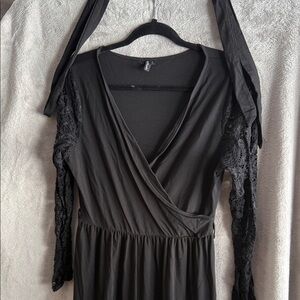 Elegant Black Wrap Dress with Lace Sleeves
